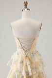 Sparkly Floral Yellow and Blue Tiered A Line Long Corset Prom Dress with Slit