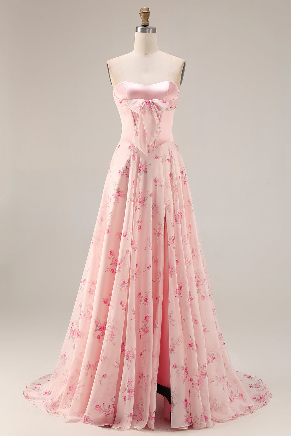 Floral Yellow and Blue A Line Sweetheart Long Corset Prom Dress with Bow