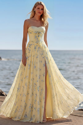 Zapakasa Women Floral Yellow and Blue Long Corset Prom Dress with Bow  Sweetheart A Line Pageant Dress with Slit
