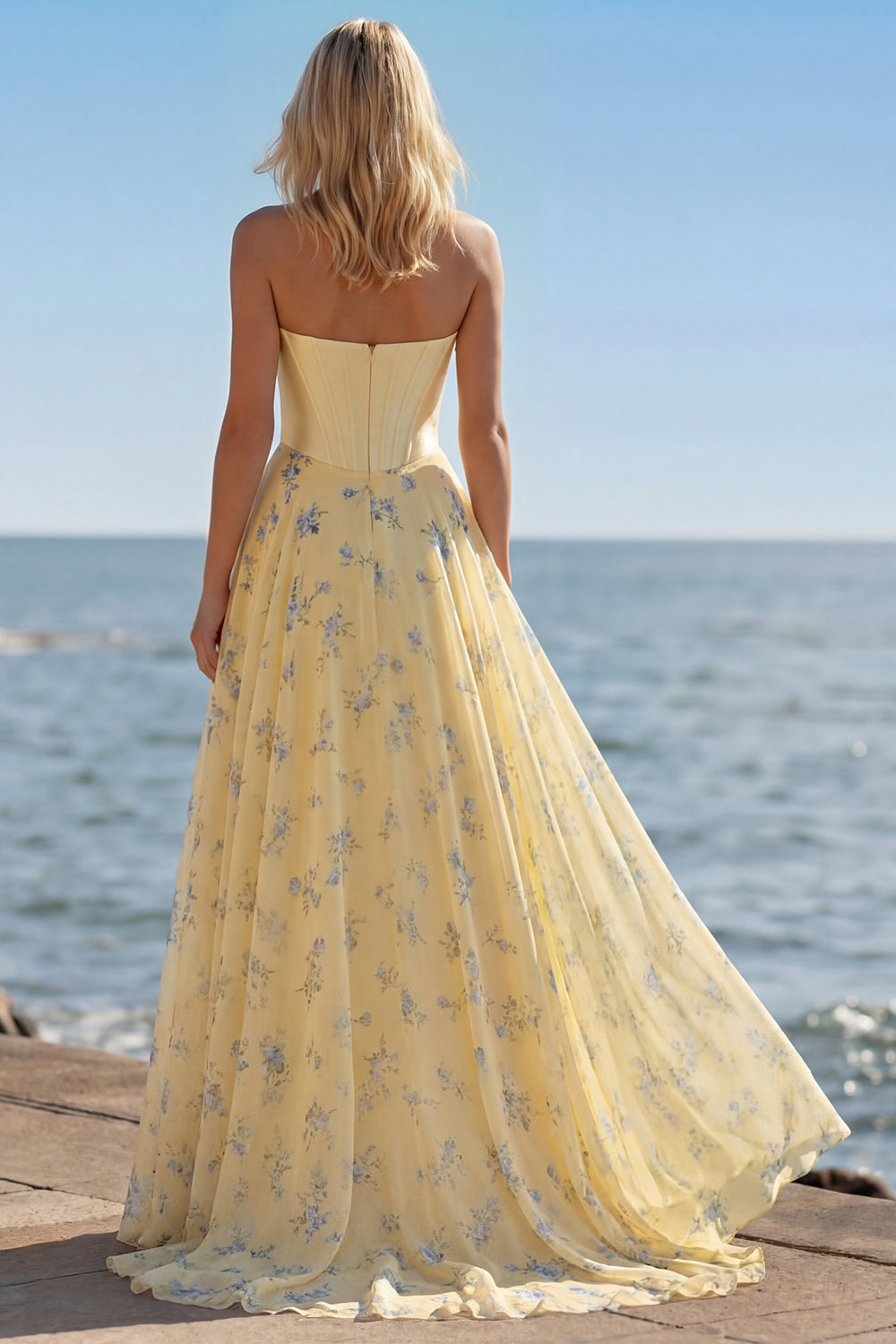 Floral Yellow and Blue A Line Sweetheart Long Corset Prom Dress with Bow