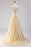 Floral Yellow and Blue A Line Sweetheart Long Corset Prom Dress with Bow