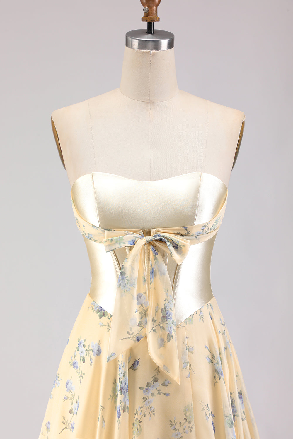 Floral Yellow and Blue A Line Sweetheart Long Corset Prom Dress with Bow