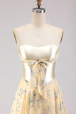 Floral Yellow and Blue A Line Sweetheart Long Corset Prom Dress with Bow