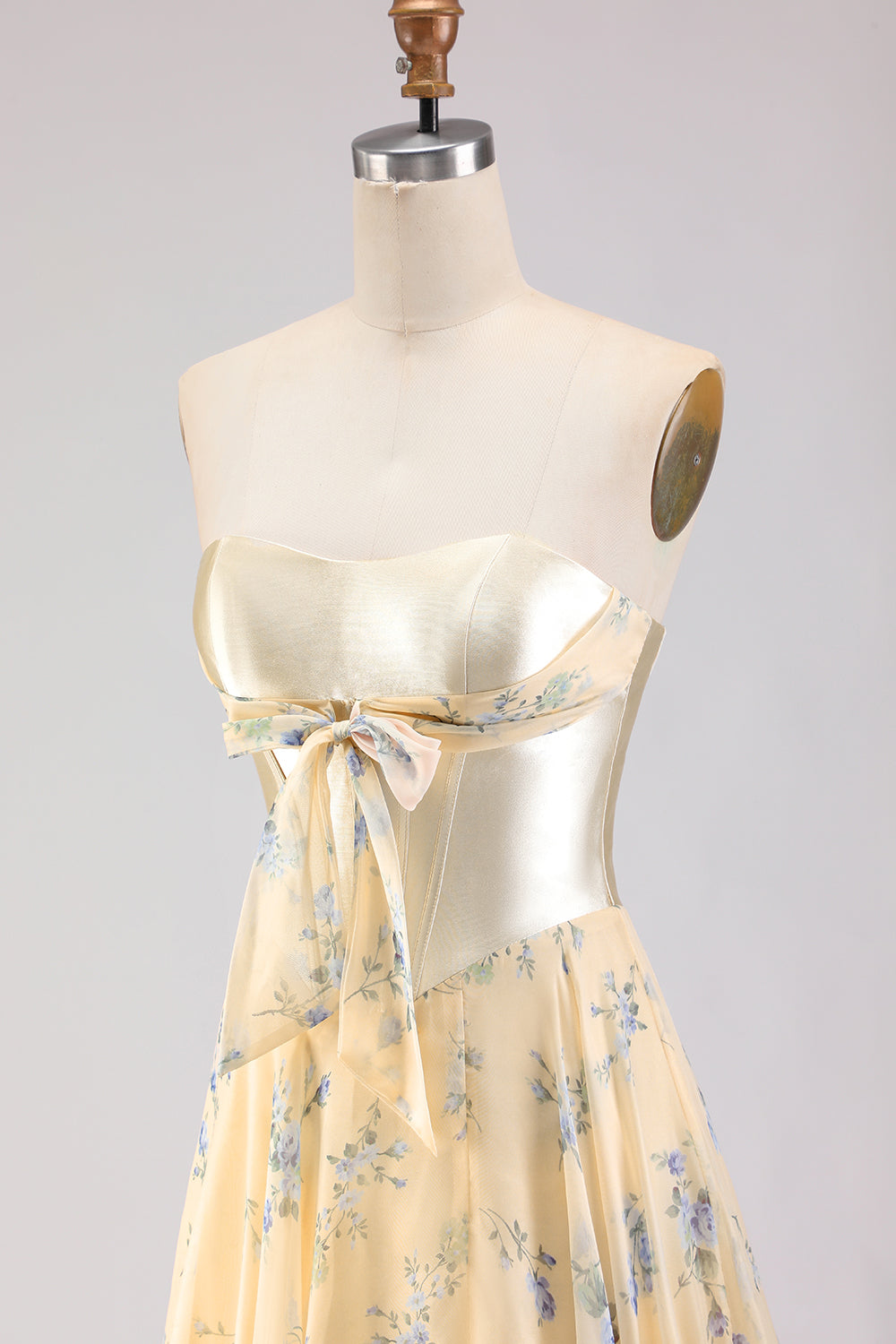 Floral Yellow and Blue A Line Sweetheart Long Corset Prom Dress with Bow