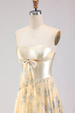 Floral Yellow and Blue A Line Sweetheart Long Corset Prom Dress with Bow