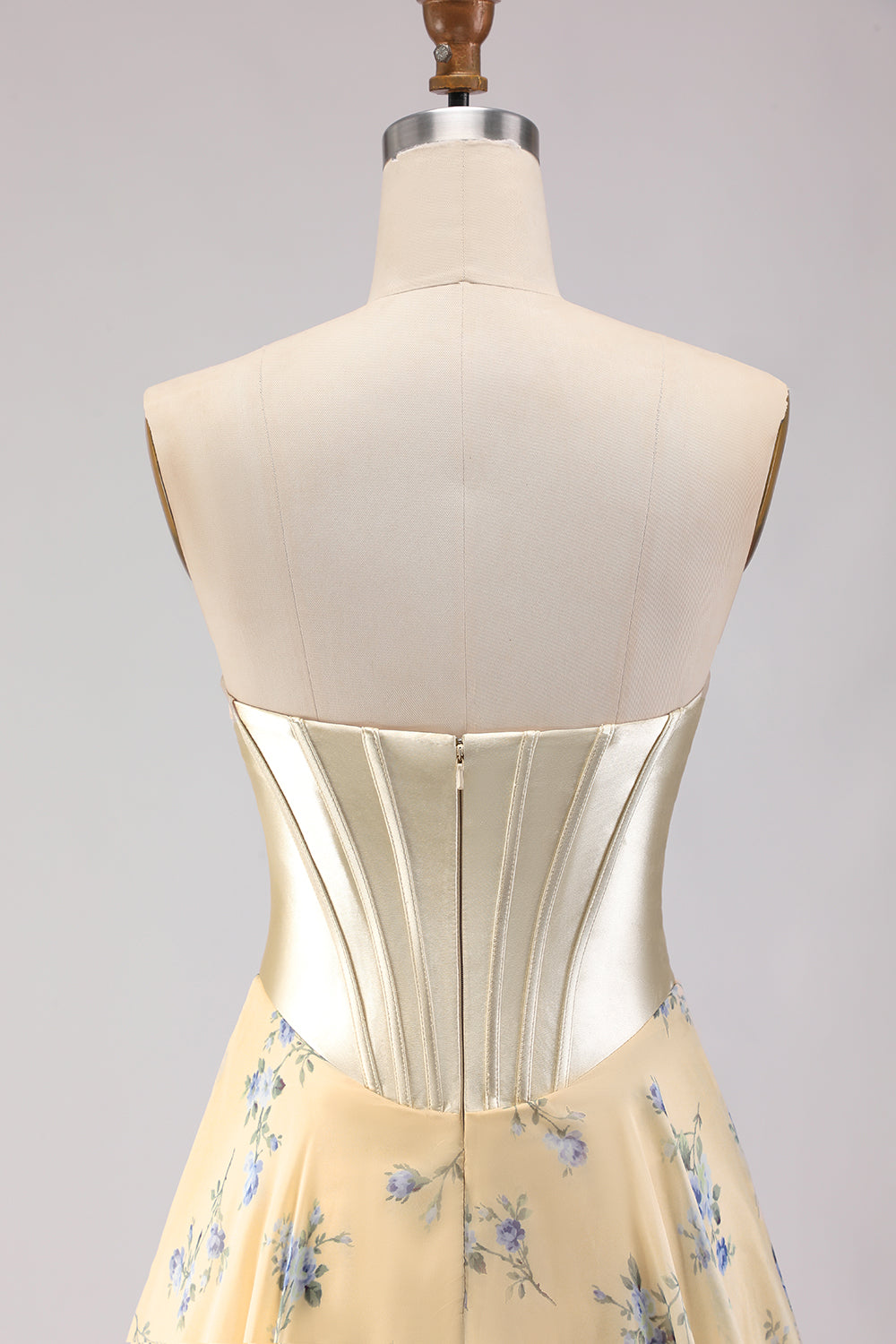 Floral Yellow and Blue A Line Sweetheart Long Corset Prom Dress with Bow