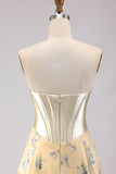 Floral Yellow and Blue A Line Sweetheart Long Corset Prom Dress with Bow