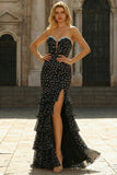 Black and White Polka Dots Mermaid Long Corset Prom Dress with Ruffles