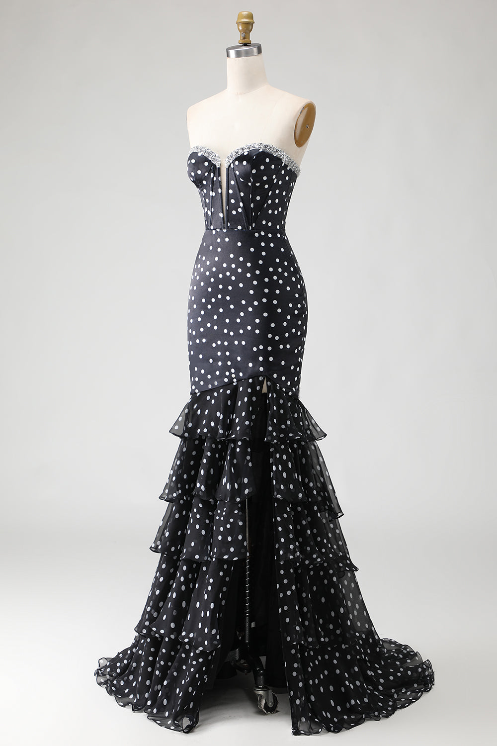 Black and White Ploka Dots Mermaid Corset Long Prom Dress with Ruffles