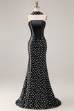 Black and White Polka Dots Neck Scarf Mermaid Long Prom Dress