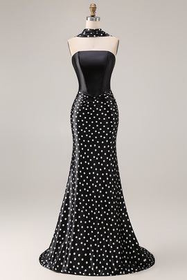 Black and White Satin Mermaid Polka Dots Neck Scarf Long Prom Dress