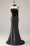 Black and White Satin Mermaid Polka Dots Neck Scarf Long Prom Dress