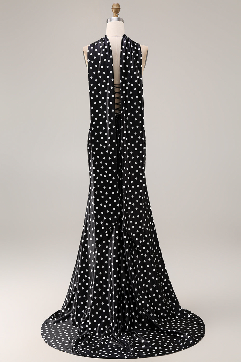 slim fit dress slacks Zapaka Women Black White Dots Long Prom Dress with A Neck Scarf Two-Piece Mermaid Satin Formal Dress with Lace Up Back, Black White Dot / US16W