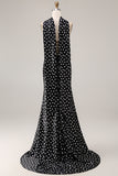Black and White Satin Mermaid Polka Dots Neck Scarf Long Prom Dress