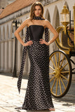 Black and White Polka Dots Mermaid Neck Scarf Satin Long Prom Dress