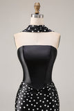 Black and White Satin Mermaid Polka Dots Neck Scarf Long Prom Dress