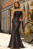 Black and White Polka Dots Mermaid Neck Scarf Satin Long Prom Dress