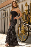 Black and White Polka Dots Mermaid Neck Scarf Satin Long Prom Dress