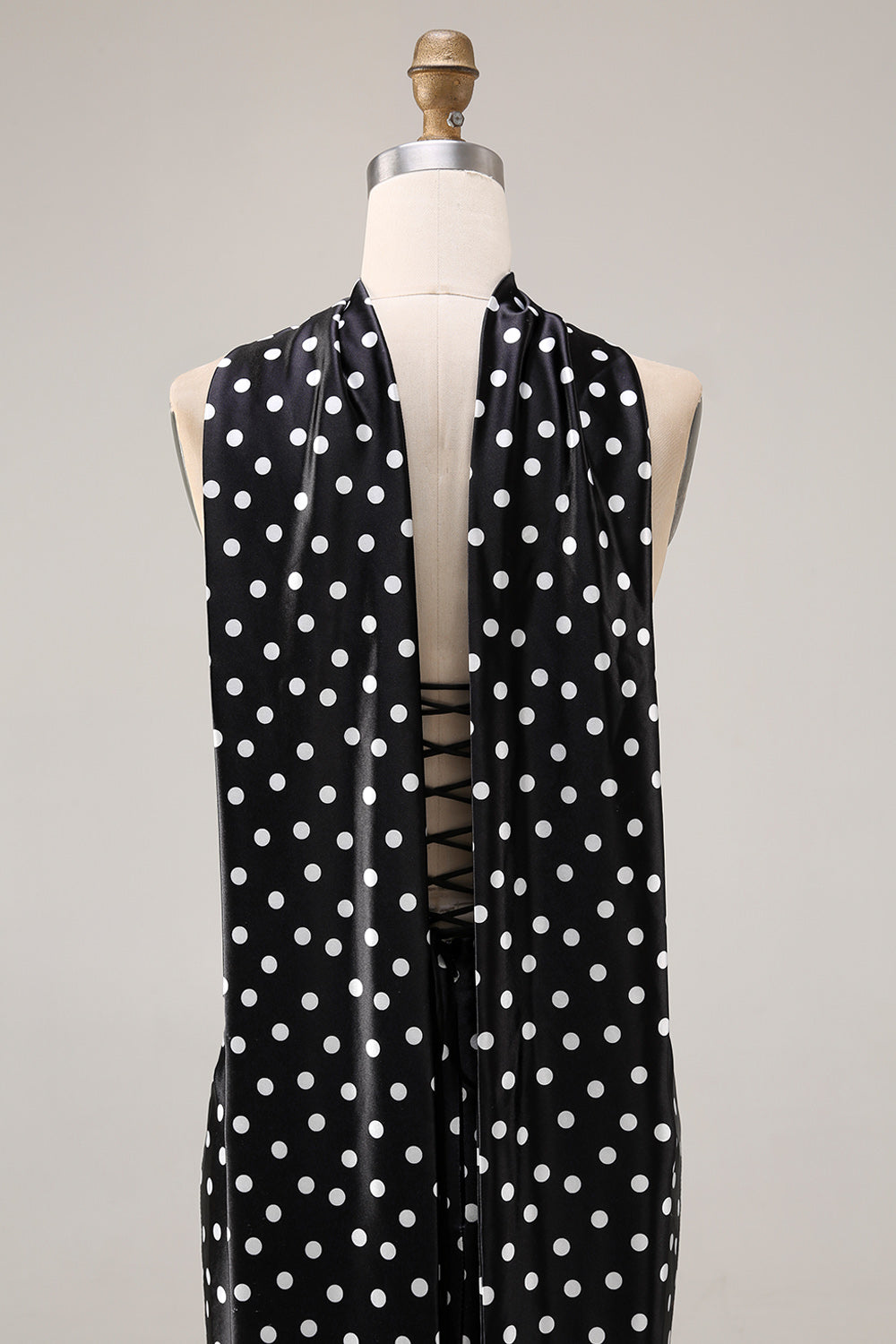 Black and White Satin Mermaid Polka Dots Neck Scarf Long Prom Dress