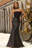 Black and White Polka Dots Mermaid Neck Scarf Satin Long Prom Dress