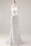 Black and White Satin Mermaid Polka Dots Neck Scarf Long Prom Dress