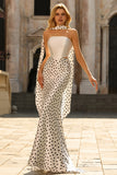 Black and White Polka Dots Mermaid Neck Scarf Satin Long Prom Dress