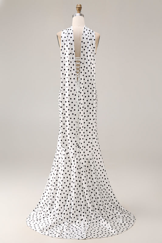 Black and White Neck Scarf Polka Dots Long Mermaid Prom Dress