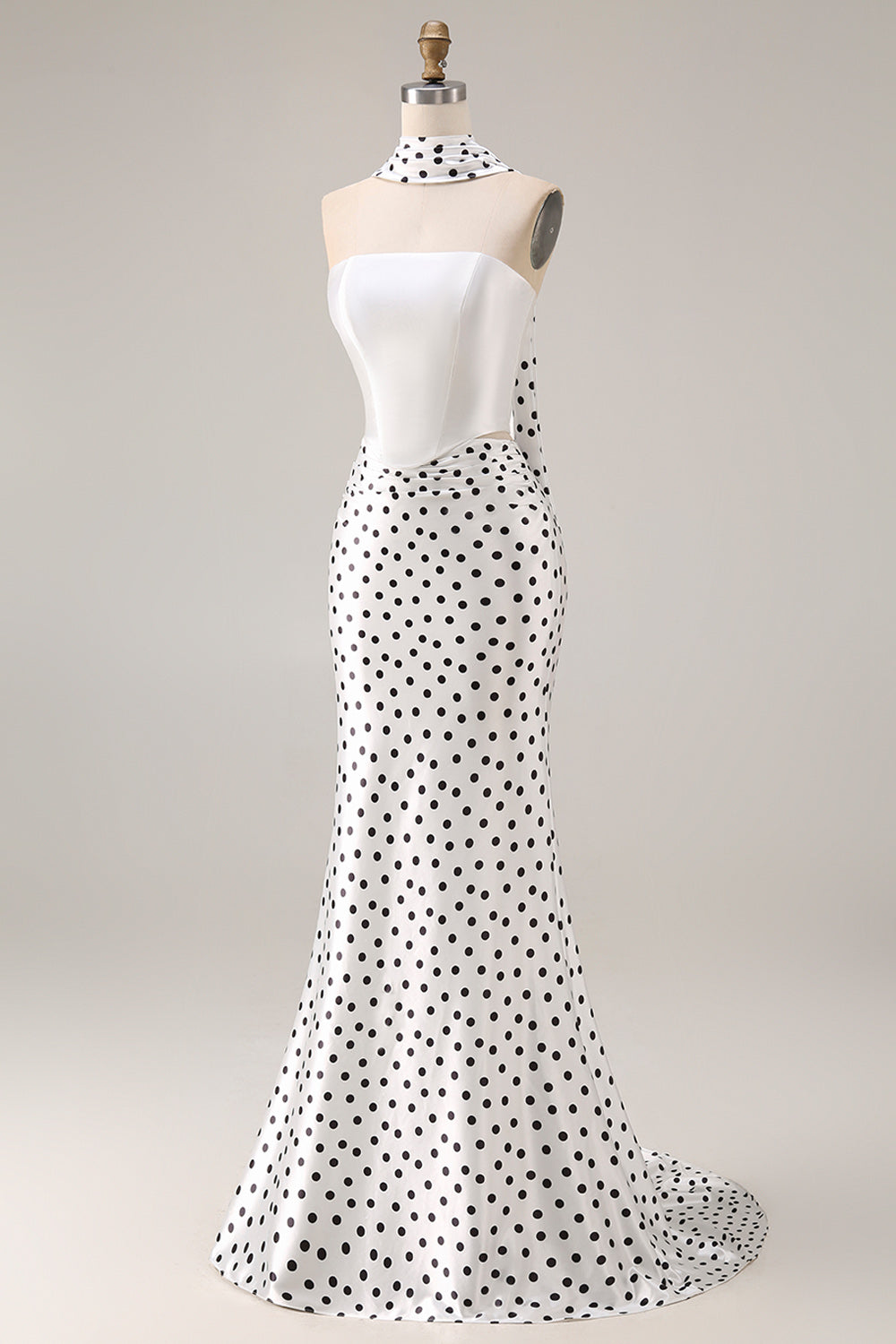 Black and White Satin Mermaid Polka Dots Neck Scarf Long Prom Dress