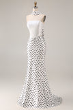 Black and White Neck Scarf Polka Dots Long Mermaid Prom Dress