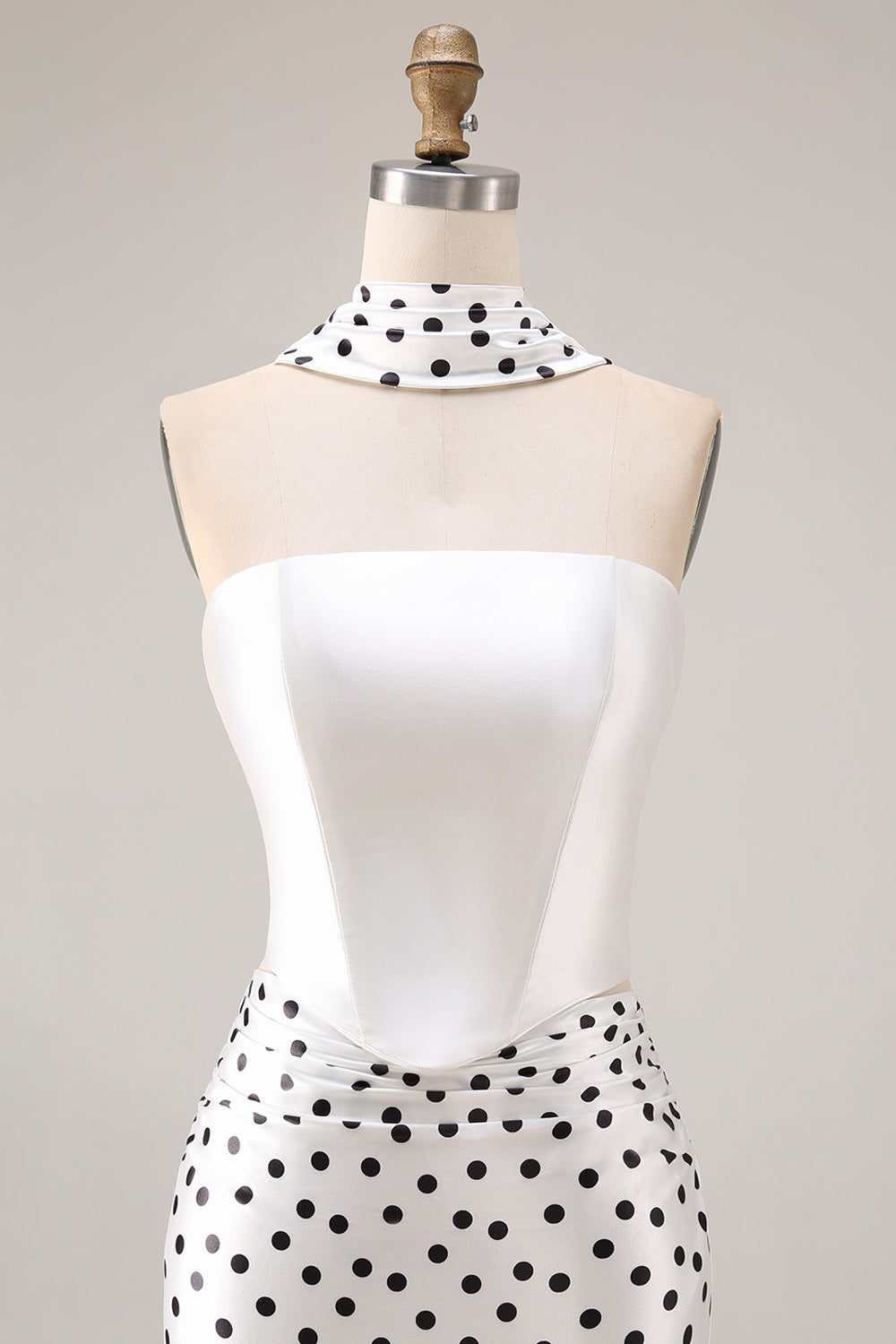 Black and White Satin Mermaid Polka Dots Neck Scarf Long Prom Dress