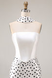 Black and White Neck Scarf Polka Dots Long Mermaid Prom Dress