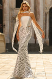 Black and White Polka Dots Mermaid Neck Scarf Satin Long Prom Dress