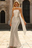 Black and White Polka Dots Mermaid Neck Scarf Satin Long Prom Dress