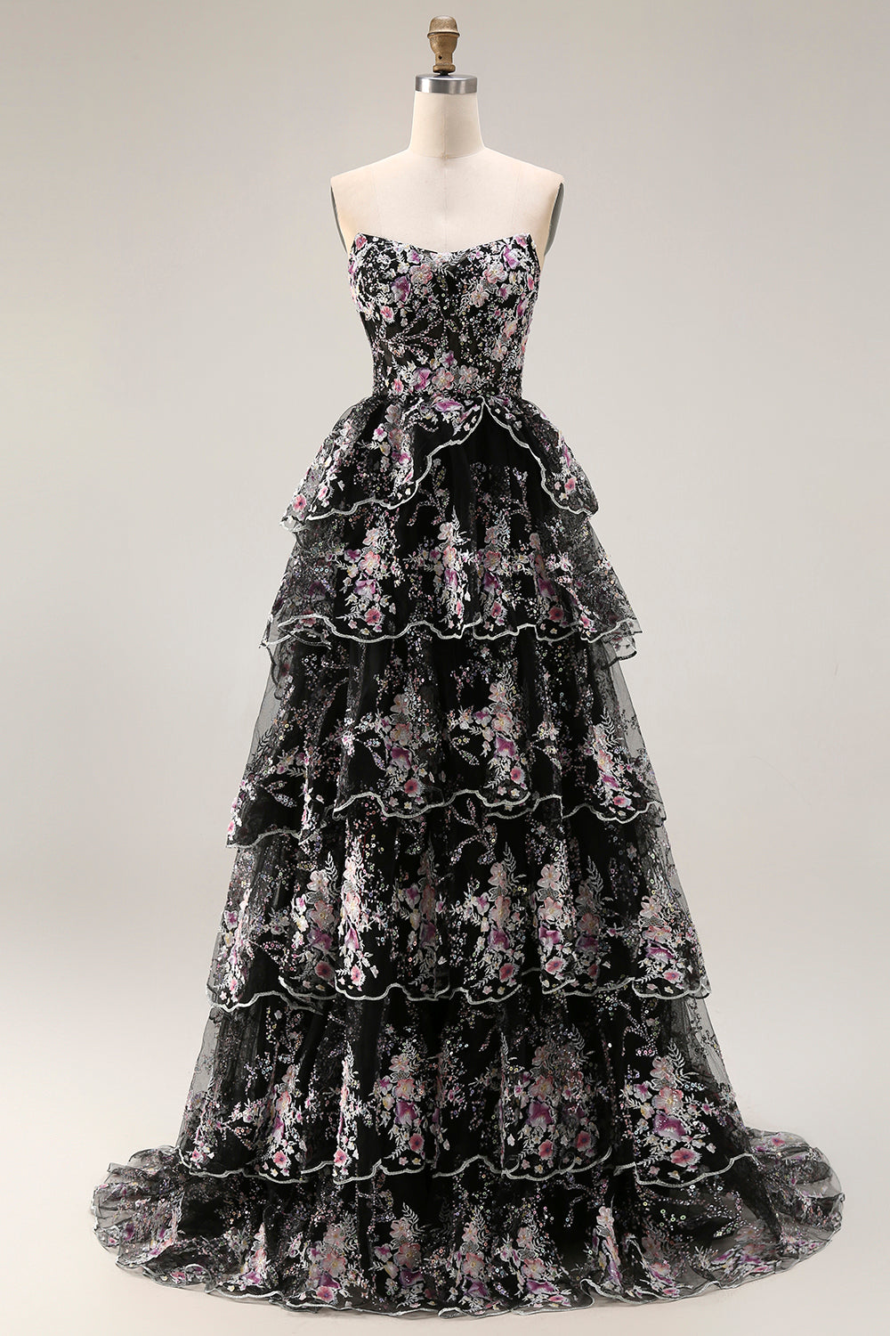 Zapakasa Women Sparkly Floral White and Pink Ruffled Long Prom Dress with Sequins Lace A Line Tiered Strapless Lace Up Back Pageant Dress Zapakasa Women Sparkly Floral White and Pink Ruffled Long Prom Dress with Sequins Lace A Line Tiered Strapless Lace Up Back Pageant Dress