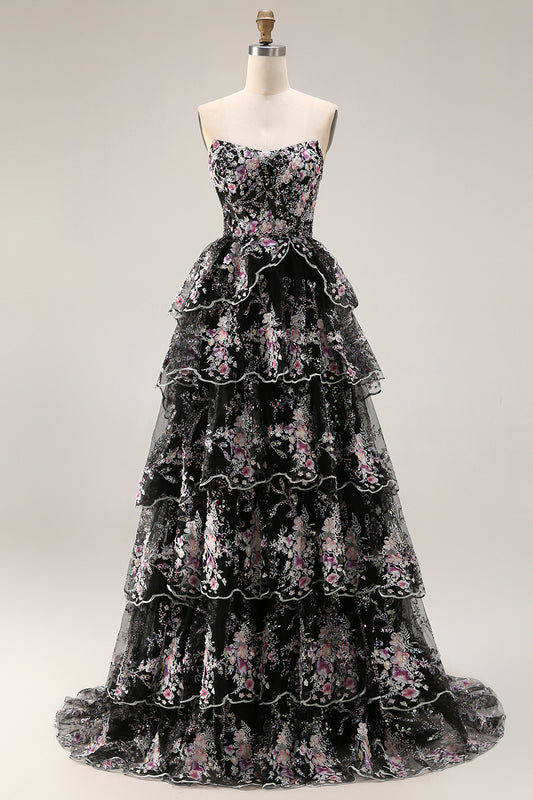 Sparkly Floral Black Pink Lace A Line Tiered Strapless Long Prom Dress