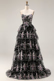Sparkly Black and Pink Floral A Line Lace Tiered Strapless Long Prom Dress