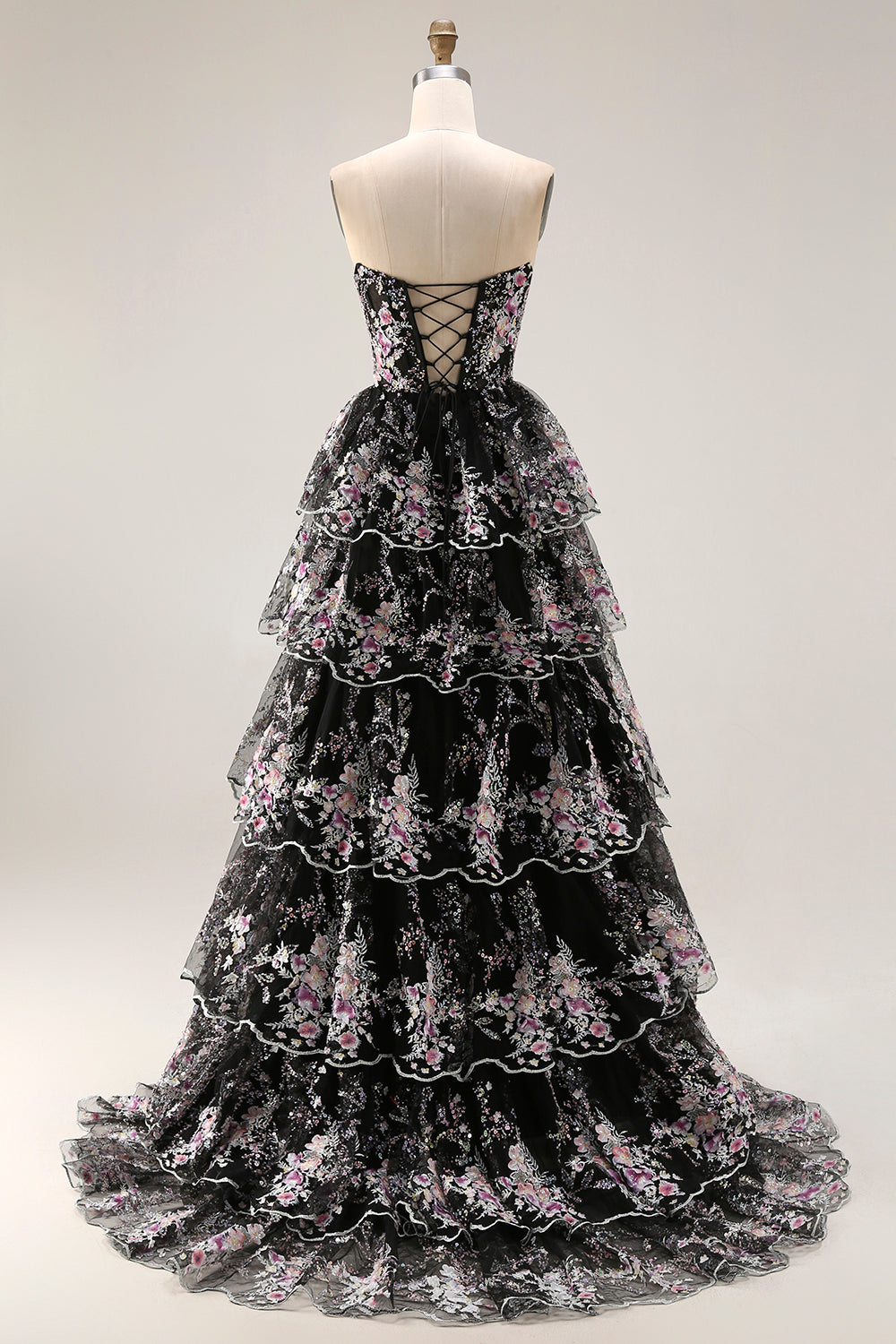 Zapakasa Women Sparkly Floral Black Pink Lace Long Prom Dress with Sequins A Line Ruffled Tiered Strapless Lace Up Back Pageant Dress Zapakasa Women Sparkly Floral Black Pink Lace Long Prom Dress with Sequins A Line Ruffled Tiered Strapless Lace Up Back Pageant Dress