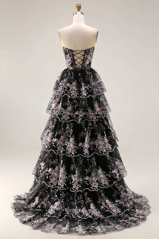 Sparkly Floral Black Pink Lace A Line Tiered Strapless Long Prom Dress