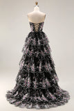 Sparkly Black and Pink Floral A Line Lace Tiered Strapless Long Prom Dress