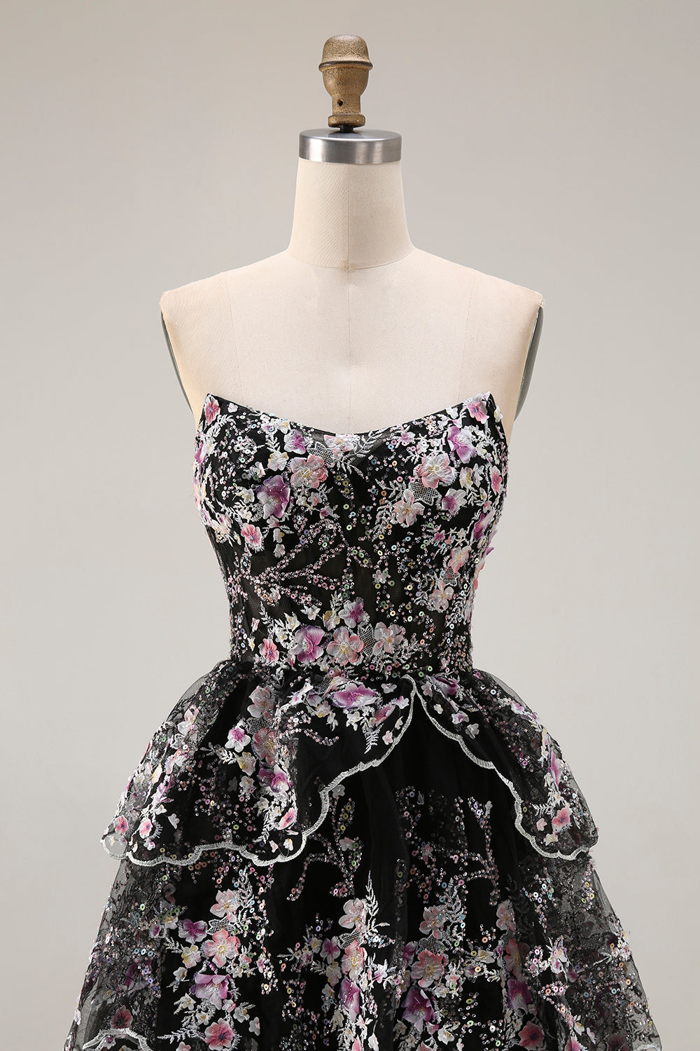black pink floral dress Zapakasa Women Sparkly Floral Black Pink Lace Long Prom Dress with Sequins  A Line Ruffled Tiered Strapless Lace Up Back Pageant Dress