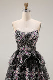 Sparkly Floral Black Pink Lace A Line Tiered Strapless Long Prom Dress