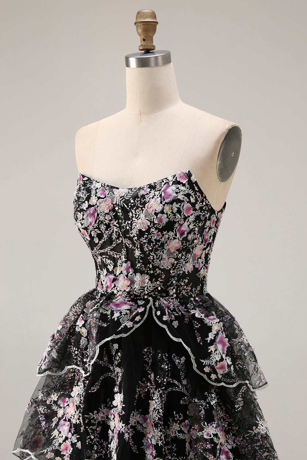 Sparkly Floral Black Pink Lace A Line Tiered Strapless Long Prom Dress