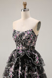 Sparkly Floral Black Pink Lace A Line Tiered Strapless Long Prom Dress