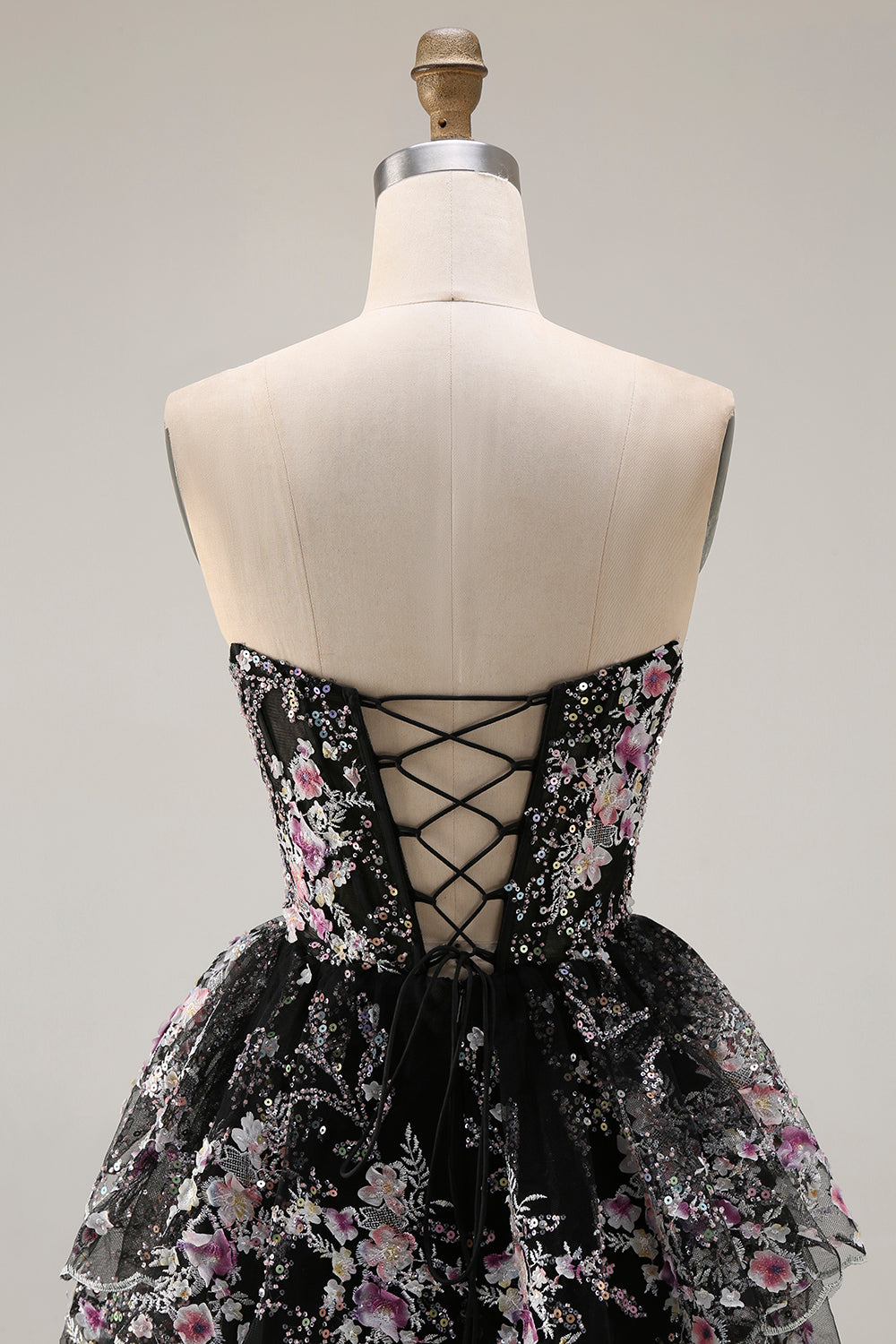 Zapakasa Women Sparkly Floral Black Pink Lace Long Prom Dress with Sequins A Line Ruffled Tiered Strapless Lace Up Back Pageant Dress Zapakasa Women Sparkly Floral Black Pink Lace Long Prom Dress with Sequins A Line Ruffled Tiered Strapless Lace Up Back Pageant Dress