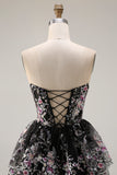 Sparkly Floral Black Pink Lace A Line Tiered Strapless Long Prom Dress