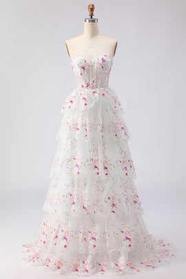 Sparkly Floral White and Pink A Line Tiered Strapless Lace Long Prom Dress