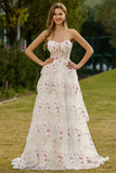 Sparkly Floral Black Pink Lace A Line Tiered Strapless Long Prom Dress