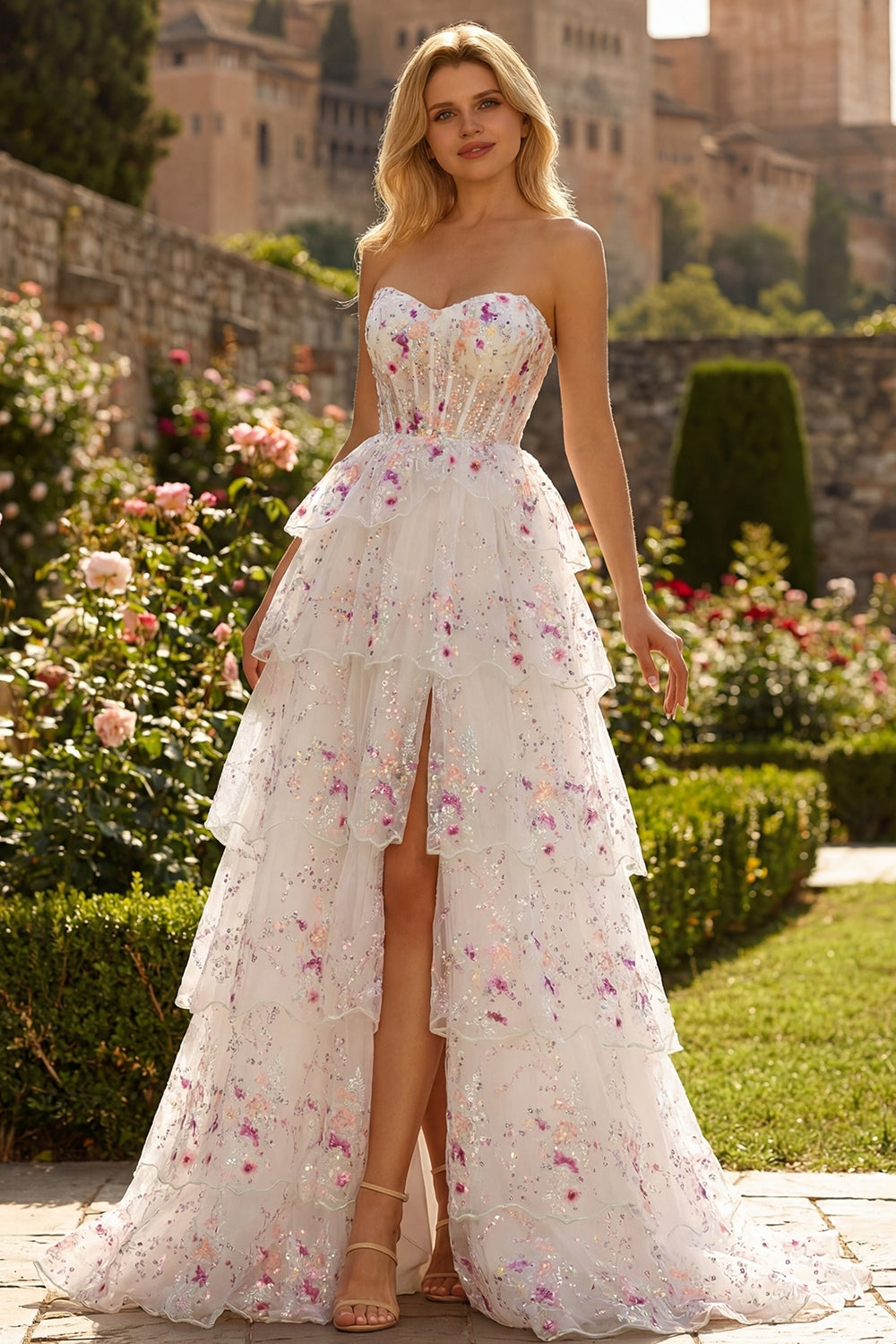 ZAPAKA Women White Pink Flower Sequin Long Prom Dress with Lace Up Back Strapless A-Line Tiered Evening Gown Dress, White Pink Flower / custom