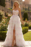 Sparkly Black and Pink Floral A Line Lace Tiered Strapless Long Prom Dress