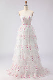Sparkly Black and Pink Floral A Line Lace Tiered Strapless Long Prom Dress